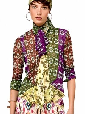 Zara Zodiac Celestial Patchwork Crystal Tassel Tie Neck Boho Blouse Sizes S/M/L